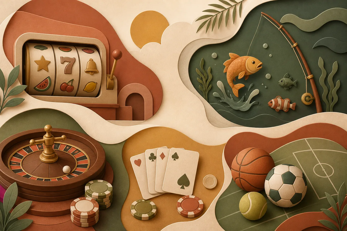 Categorias editoriais de slots, pescaria, jogos ao vivo, cartas e esporte