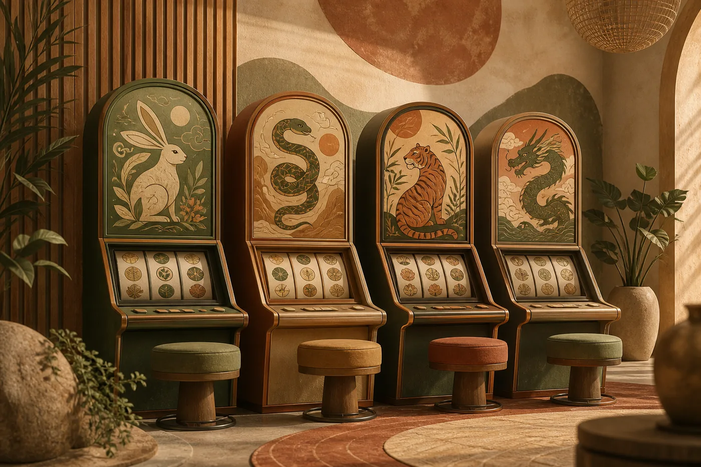 Ilustração de slots com temas de coelho, cobra, tigre e dragão
